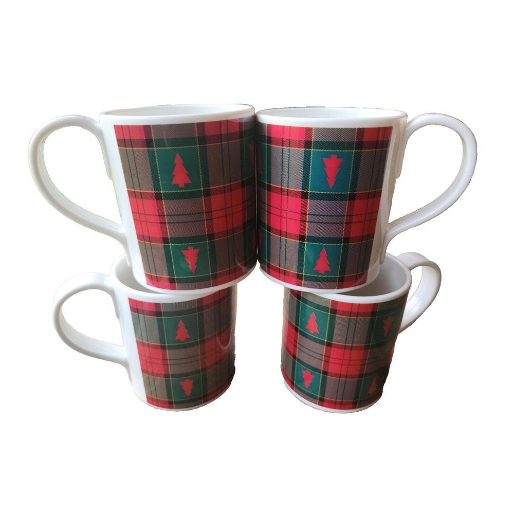 4 Vtg Zak Designs Tartan Plaid Melamine Eggnog Mugs w Christmas Trees 12 oz EUC